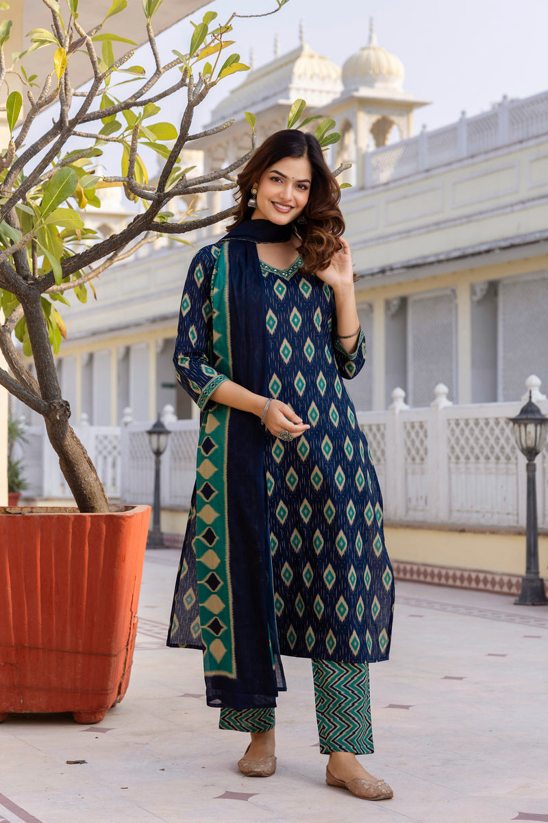 EthniFlair Geometric Printed V-Neck Straight Kurta With Trousers And Dupatta