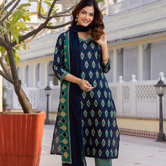 EthniFlair Geometric Printed V-Neck Straight Kurta With Trousers And Dupatta