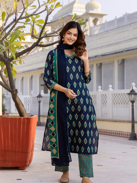EthniFlair Geometric Printed V-Neck Straight Kurta With Trousers And Dupatta