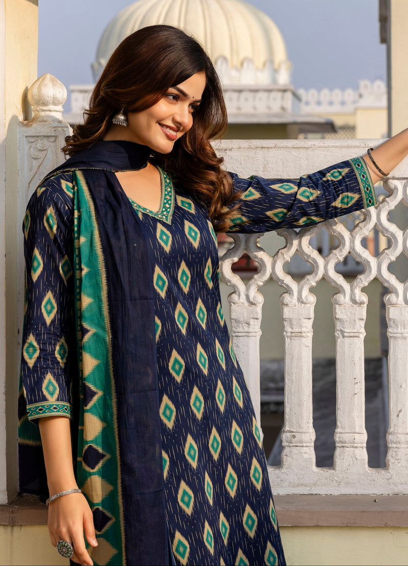 EthniFlair Geometric Printed V-Neck Straight Kurta With Trousers And Dupatta