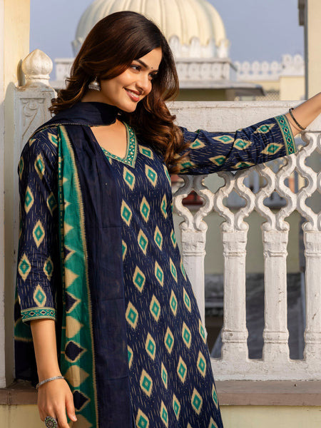 EthniFlair Geometric Printed V-Neck Straight Kurta With Trousers And Dupatta