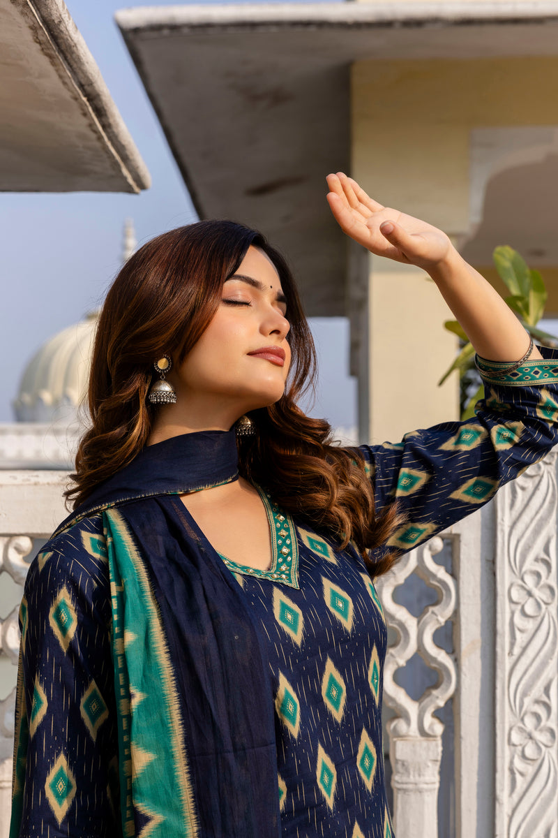EthniFlair Geometric Printed V-Neck Straight Kurta With Trousers And Dupatta