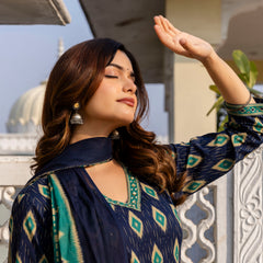 EthniFlair Geometric Printed V-Neck Straight Kurta With Trousers And Dupatta