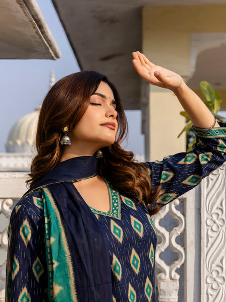 EthniFlair Geometric Printed V-Neck Straight Kurta With Trousers And Dupatta