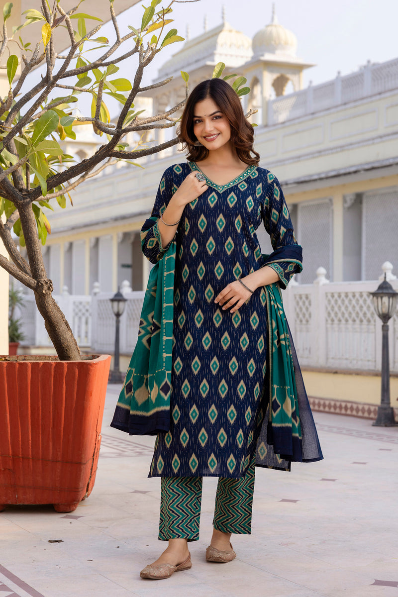 EthniFlair Geometric Printed V-Neck Straight Kurta With Trousers And Dupatta
