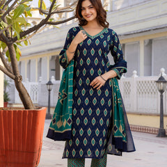 EthniFlair Geometric Printed V-Neck Straight Kurta With Trousers And Dupatta