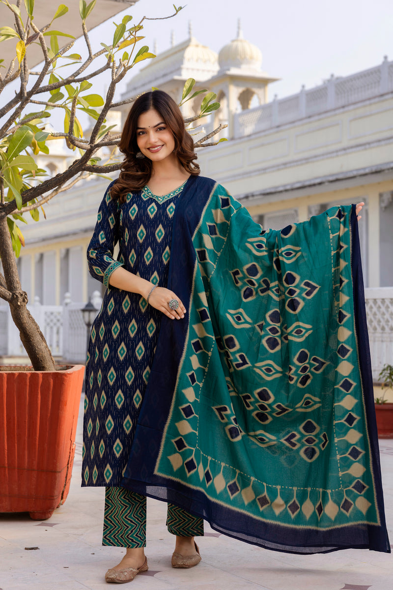 EthniFlair Geometric Printed V-Neck Straight Kurta With Trousers And Dupatta
