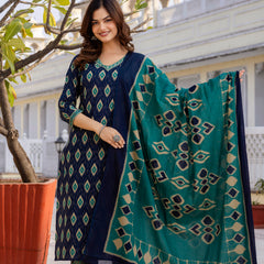 EthniFlair Geometric Printed V-Neck Straight Kurta With Trousers And Dupatta