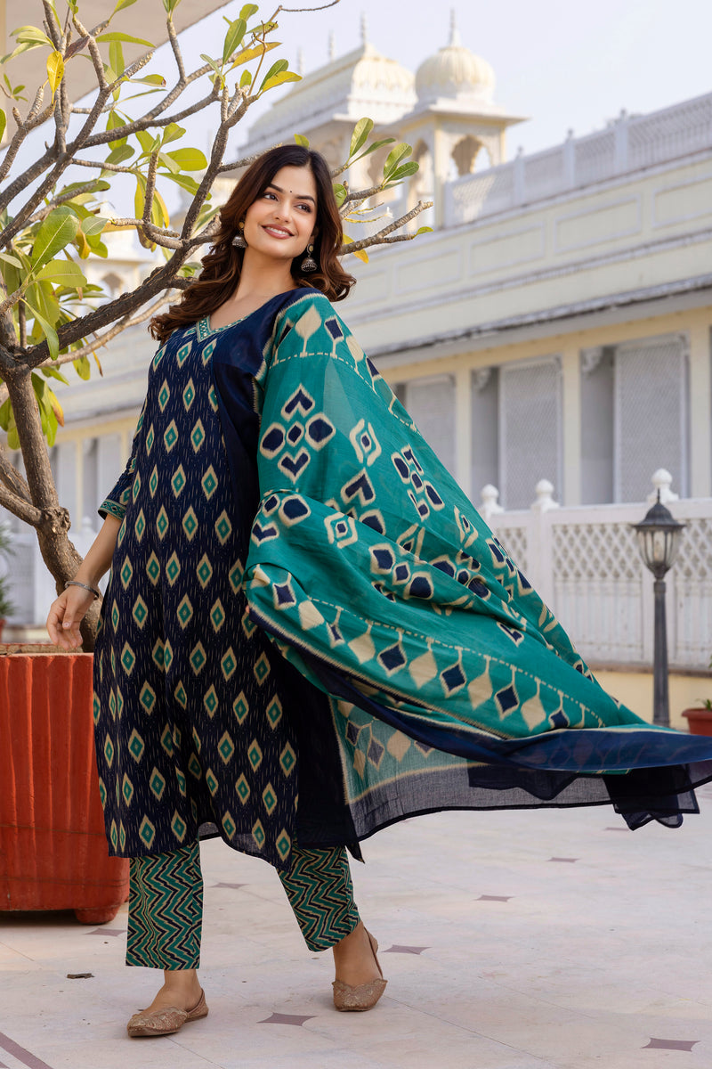 EthniFlair Geometric Printed V-Neck Straight Kurta With Trousers And Dupatta