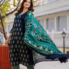 EthniFlair Geometric Printed V-Neck Straight Kurta With Trousers And Dupatta