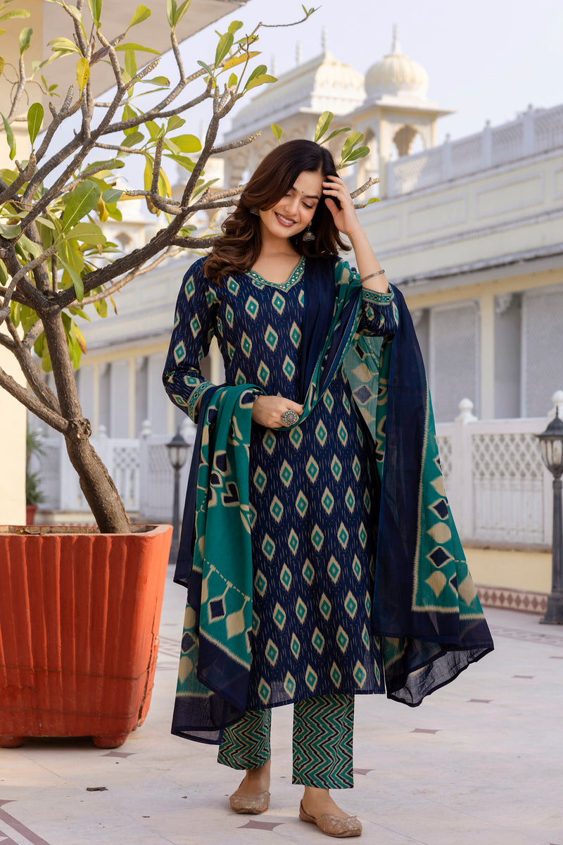 EthniFlair Geometric Printed V-Neck Straight Kurta With Trousers And Dupatta