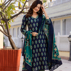 EthniFlair Geometric Printed V-Neck Straight Kurta With Trousers And Dupatta
