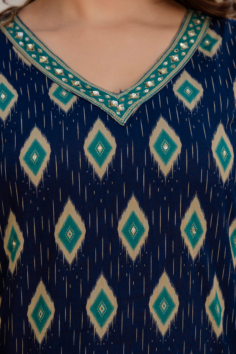 EthniFlair Geometric Printed V-Neck Straight Kurta With Trousers And Dupatta