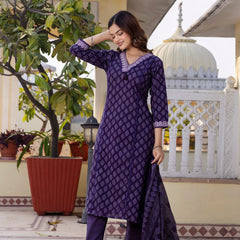 EthniFlair Floral Printed V-Neck Straight Kurta With Trousers And Dupatta