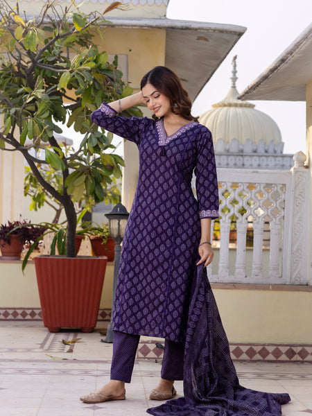 EthniFlair Floral Printed V-Neck Straight Kurta With Trousers And Dupatta