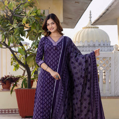 EthniFlair Floral Printed V-Neck Straight Kurta With Trousers And Dupatta