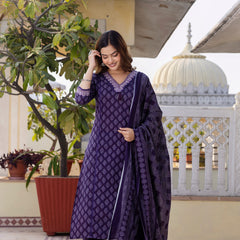 EthniFlair Floral Printed V-Neck Straight Kurta With Trousers And Dupatta