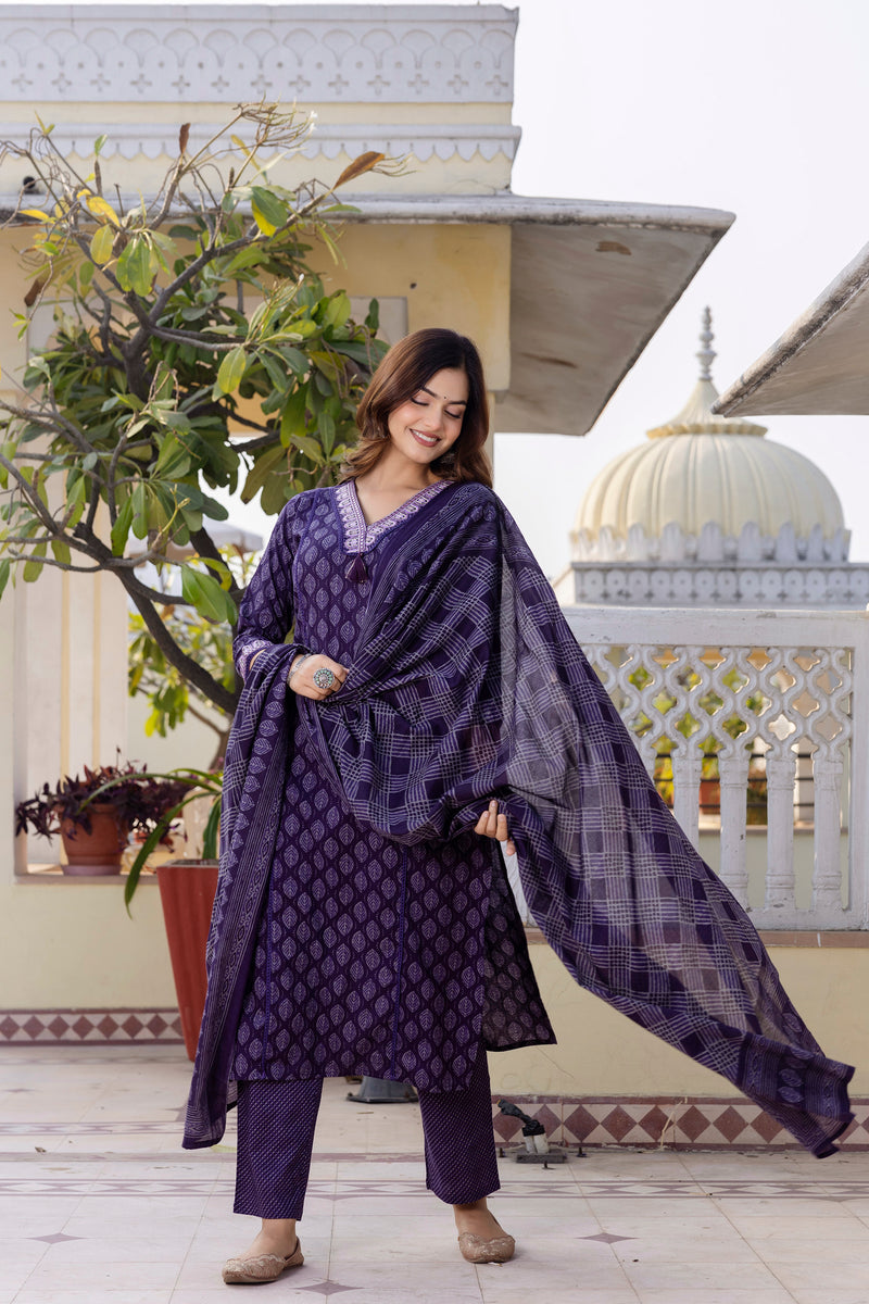EthniFlair Floral Printed V-Neck Straight Kurta With Trousers And Dupatta