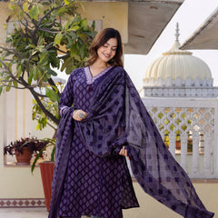 EthniFlair Floral Printed V-Neck Straight Kurta With Trousers And Dupatta
