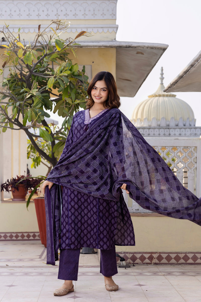 EthniFlair Floral Printed V-Neck Straight Kurta With Trousers And Dupatta