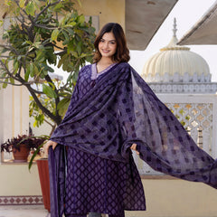EthniFlair Floral Printed V-Neck Straight Kurta With Trousers And Dupatta