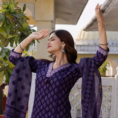 EthniFlair Floral Printed V-Neck Straight Kurta With Trousers And Dupatta
