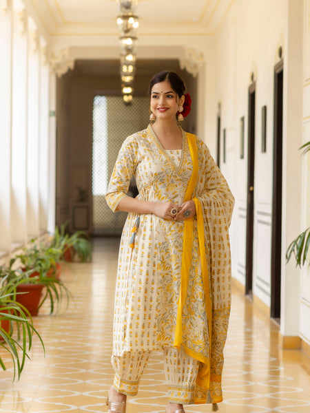 EthniFlair Ethnic Motifs Printed Empire Aari Work Kurta with Patiala & Dupatta