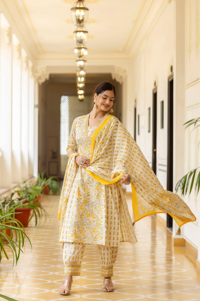 EthniFlair Ethnic Motifs Printed Empire Aari Work Kurta with Patiala & Dupatta