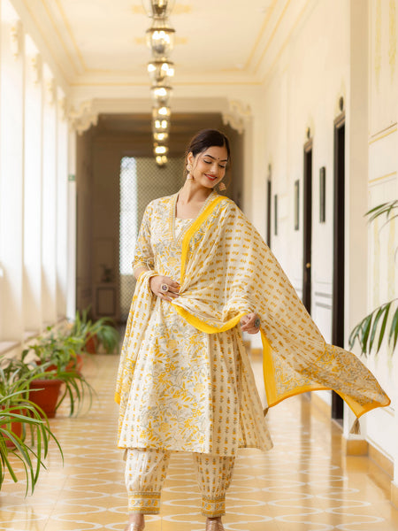 EthniFlair Ethnic Motifs Printed Empire Aari Work Kurta with Patiala & Dupatta