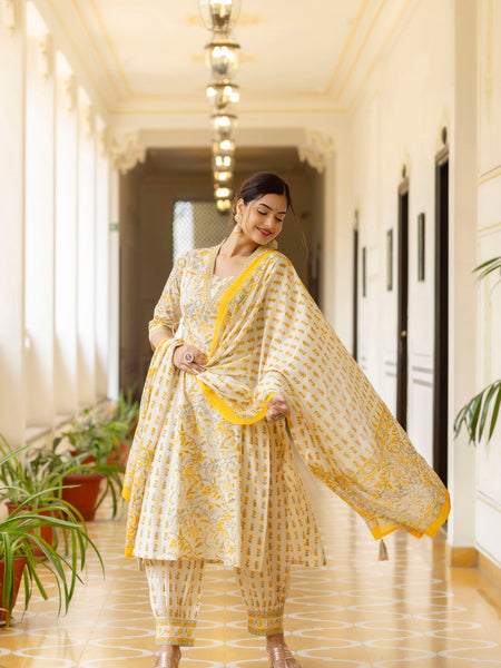 EthniFlair Ethnic Motifs Printed Empire Aari Work Kurta with Patiala & Dupatta