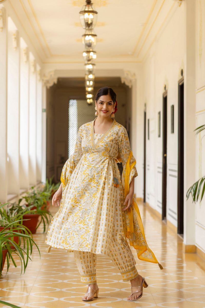 EthniFlair Ethnic Motifs Printed Empire Aari Work Kurta with Patiala & Dupatta