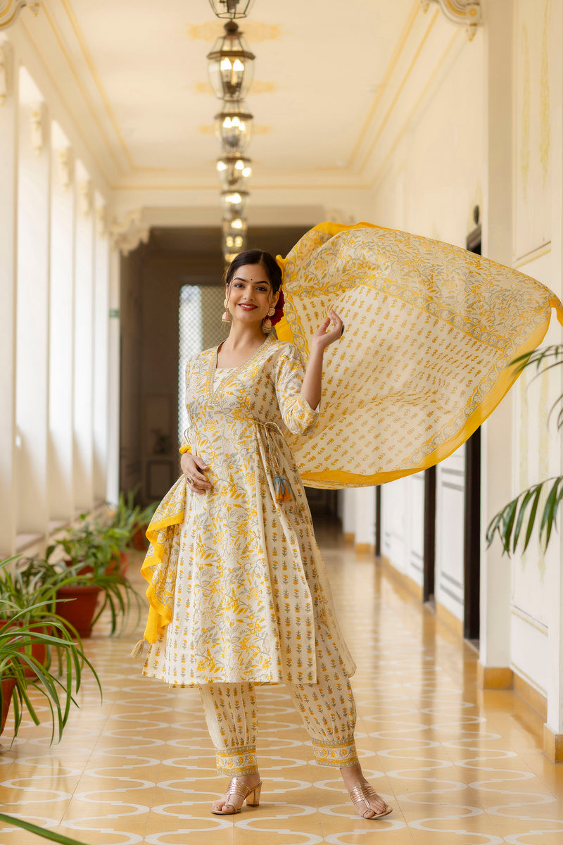 EthniFlair Ethnic Motifs Printed Empire Aari Work Kurta with Patiala & Dupatta