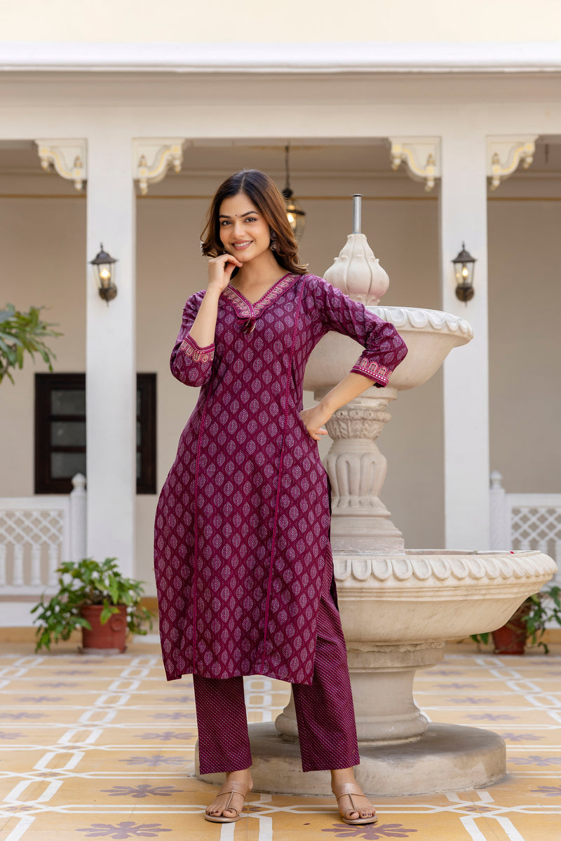 EthniFlair Floral Printed V-Neck Straight Kurta With Trousers And Dupatta