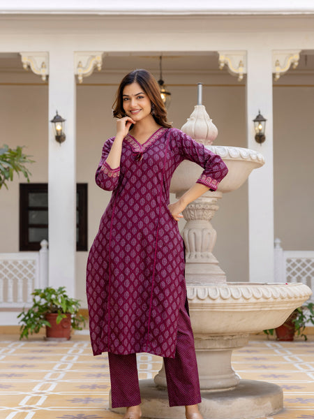 EthniFlair Floral Printed V-Neck Straight Kurta With Trousers And Dupatta
