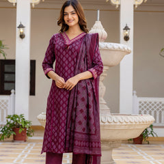EthniFlair Floral Printed V-Neck Straight Kurta With Trousers And Dupatta