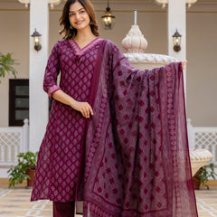 EthniFlair Floral Printed V-Neck Straight Kurta With Trousers And Dupatta