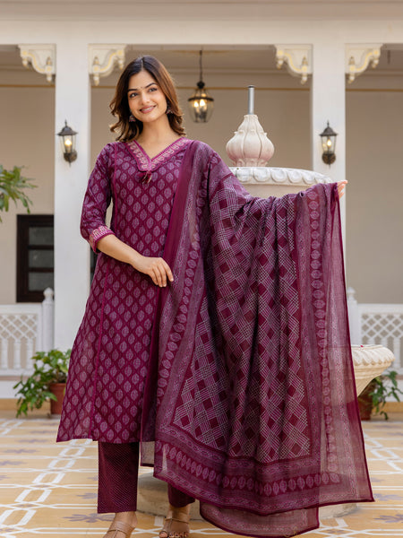EthniFlair Floral Printed V-Neck Straight Kurta With Trousers And Dupatta