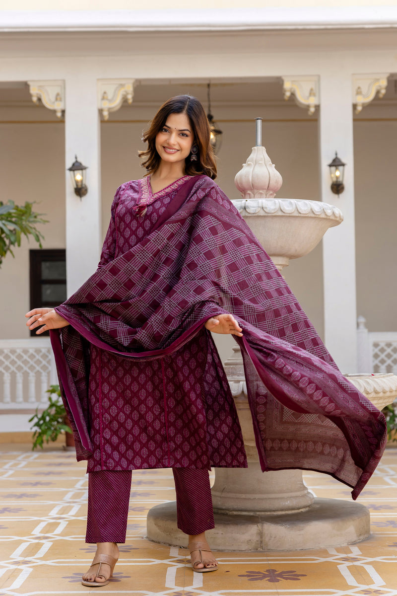 EthniFlair Floral Printed V-Neck Straight Kurta With Trousers And Dupatta