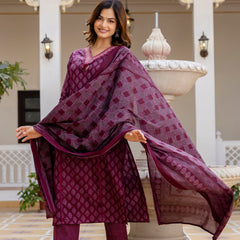 EthniFlair Floral Printed V-Neck Straight Kurta With Trousers And Dupatta