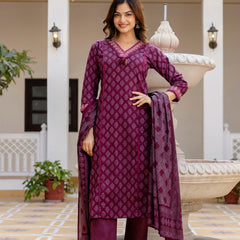 EthniFlair Floral Printed V-Neck Straight Kurta With Trousers And Dupatta