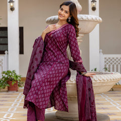 EthniFlair Floral Printed V-Neck Straight Kurta With Trousers And Dupatta