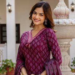 EthniFlair Floral Printed V-Neck Straight Kurta With Trousers And Dupatta