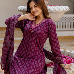EthniFlair Floral Printed V-Neck Straight Kurta With Trousers And Dupatta