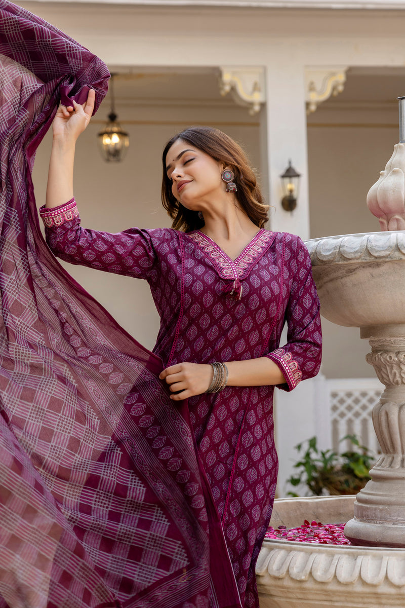 EthniFlair Floral Printed V-Neck Straight Kurta With Trousers And Dupatta