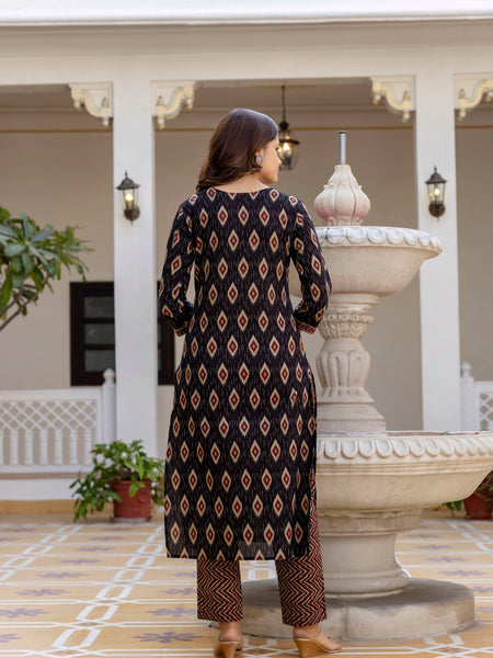 EthniFlair Geometric Printed V-Neck Straight Kurta With Trousers And Dupatta