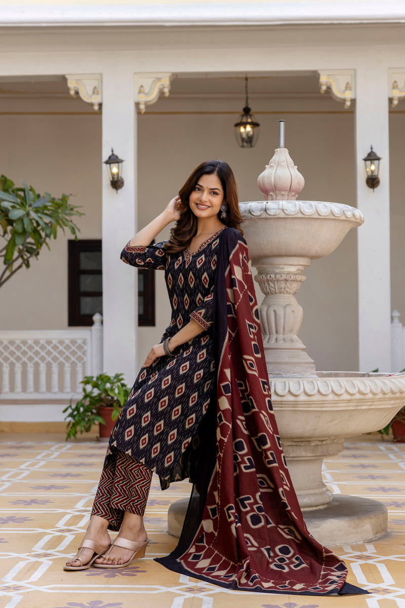 EthniFlair Geometric Printed V-Neck Straight Kurta With Trousers And Dupatta