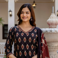 EthniFlair Geometric Printed V-Neck Straight Kurta With Trousers And Dupatta