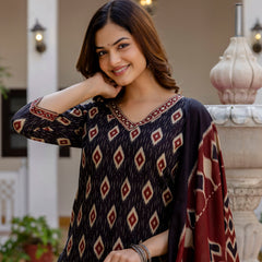 EthniFlair Geometric Printed V-Neck Straight Kurta With Trousers And Dupatta