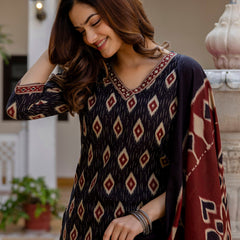 EthniFlair Geometric Printed V-Neck Straight Kurta With Trousers And Dupatta