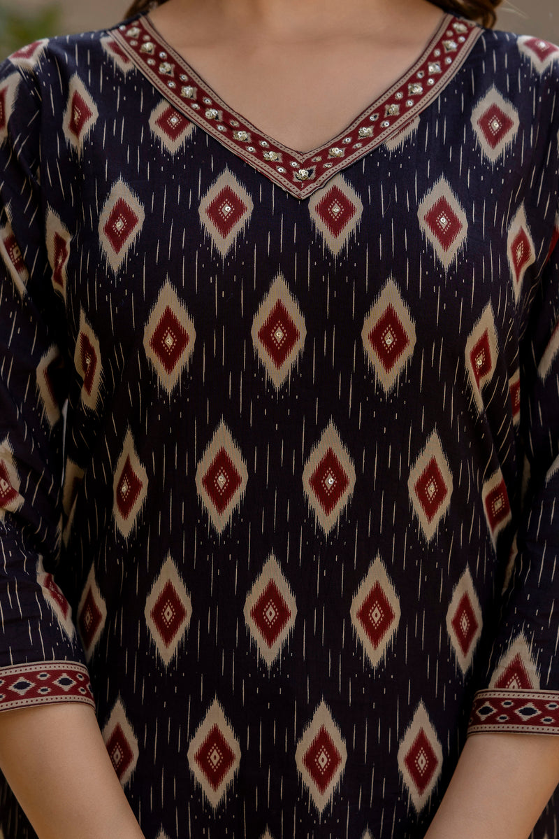 EthniFlair Geometric Printed V-Neck Straight Kurta With Trousers And Dupatta